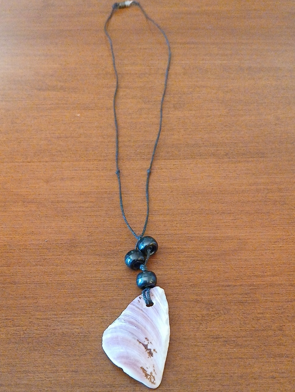 Pink Shell Pendant Necklace with Black Beads On Black Cord